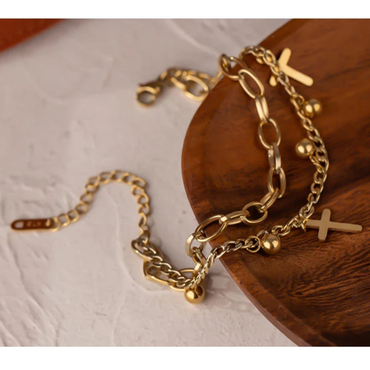 Gold Cross + Bead Charm Bracelet