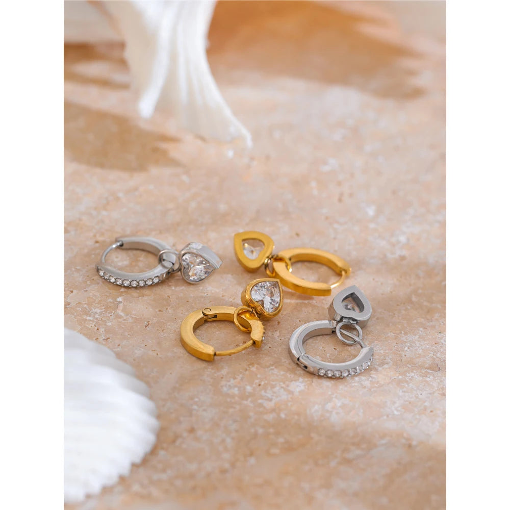 Bezel Heart Huggie Hoop Earrings