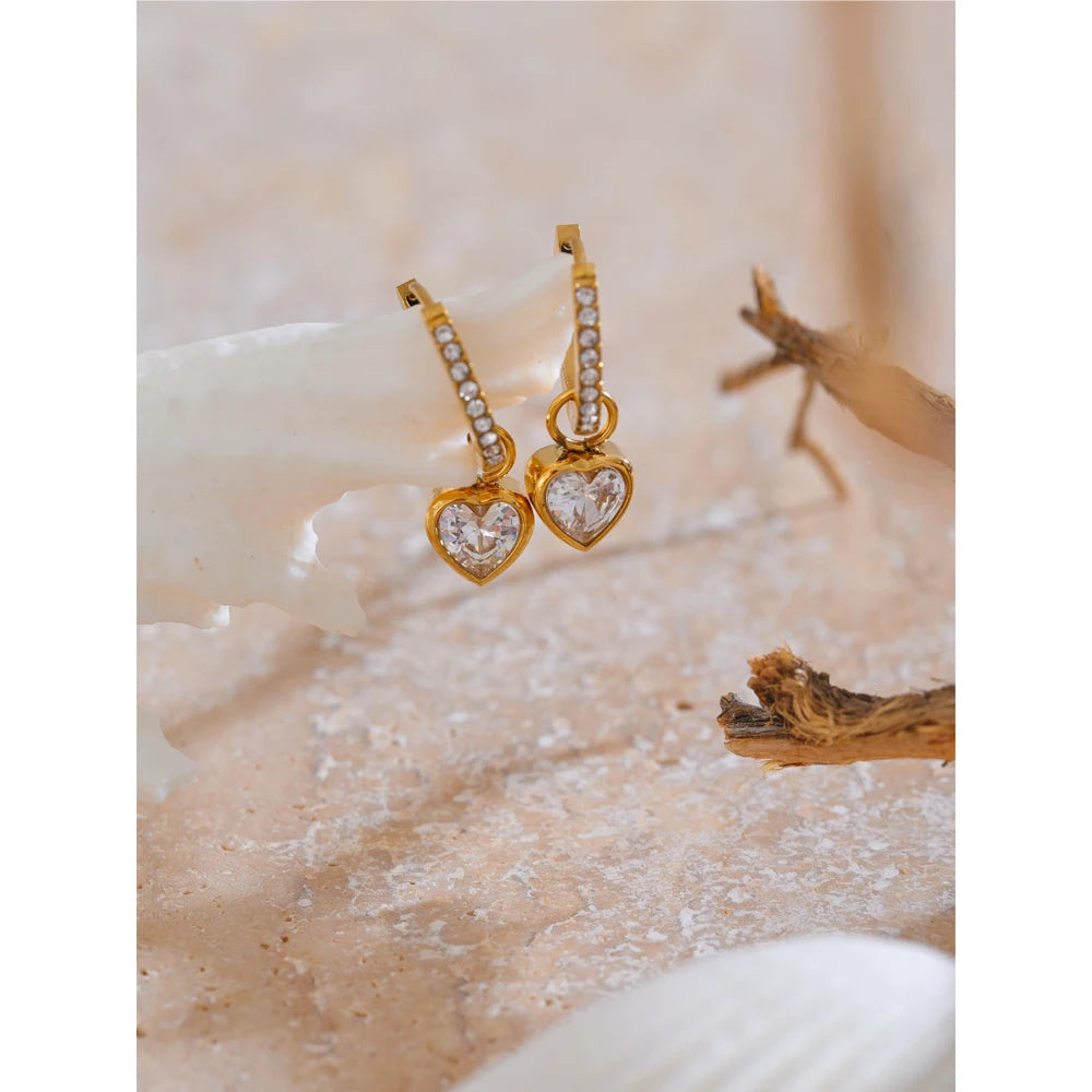 Bezel Heart Huggie Hoop Earrings