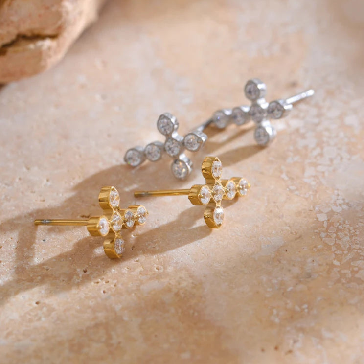 Mini Bezel Cross Stud Earrings