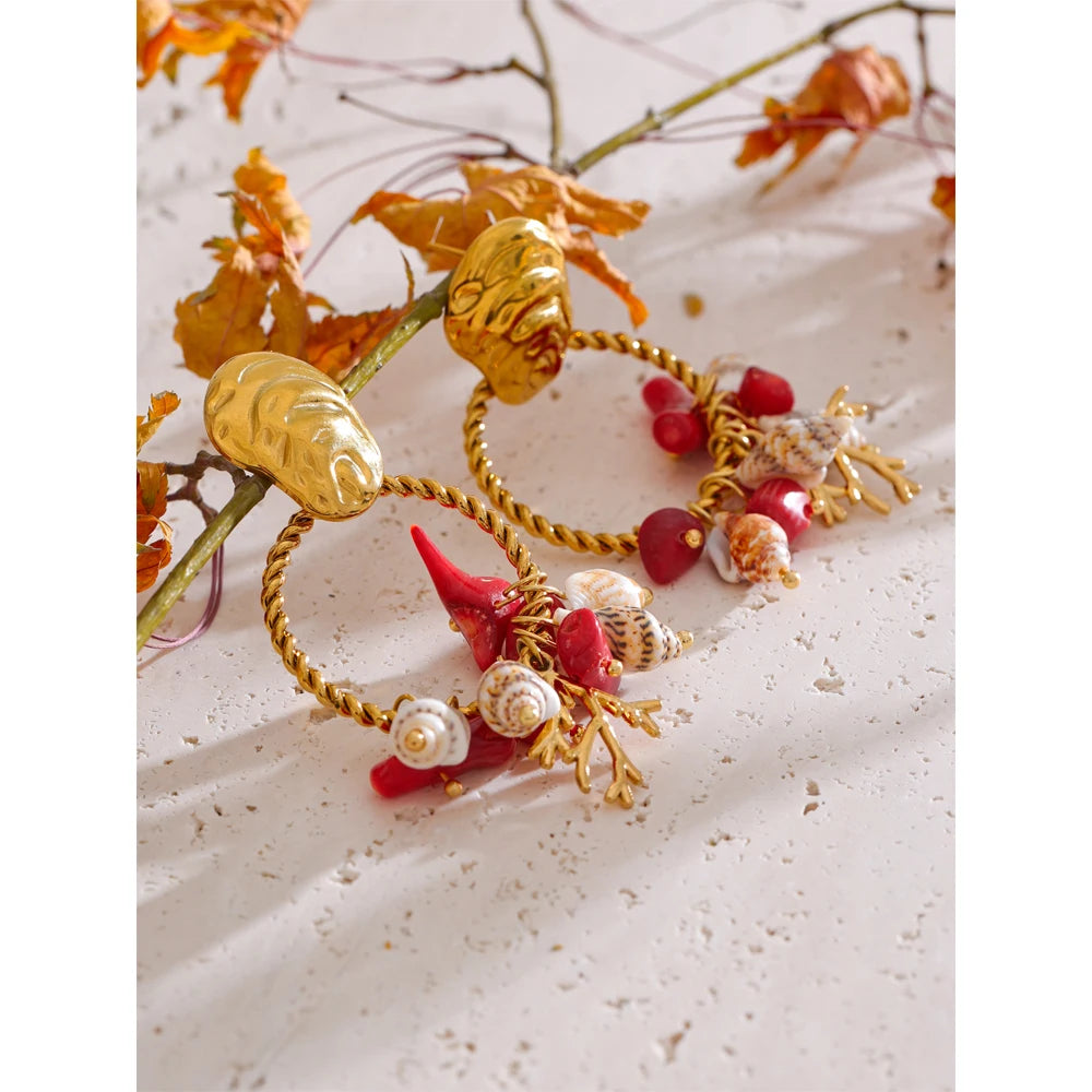 Jonah Golden Oyster Shell + Coral Earrings