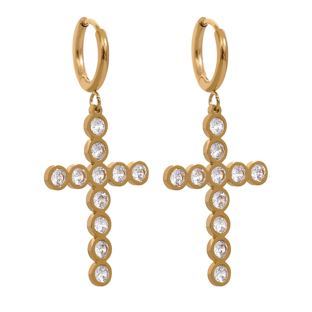 Bezel Cross Drop Earrings